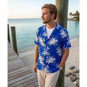 PacSun Mens Blue White Tropical Floral Short Sleeve Button Up Camp Shirt Large